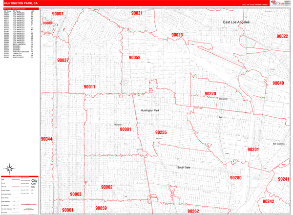 Huntington Park City Wall Map Red Line Style